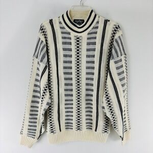 Vtg. Porto Cruz Mens XL Cream Black Geometric‎ Knit Mock Neck Wool Blend Sweater